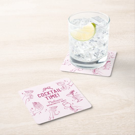ピンクのカクテルパーティー レトロな花嫁のお別れパーティー スクエアペーパーコースター (インサイチュ)