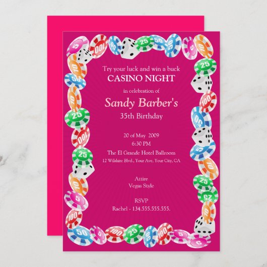 ピンクのカジノ夜誕生日のパーティの招待状 招待状 (正面/裏面)