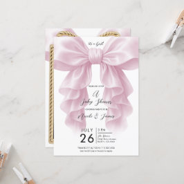 ピンクのカスケードラッフルバウ上品な赤ちゃんシャワー 招待状