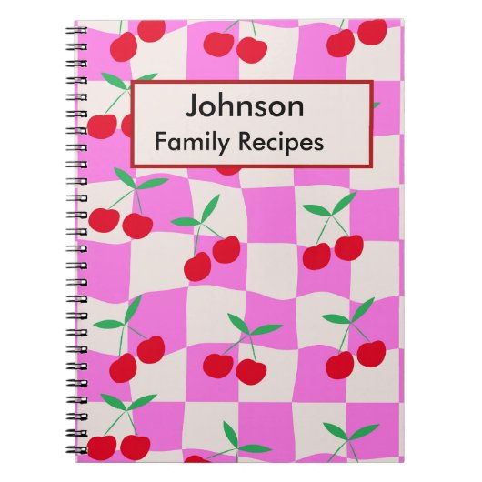 ピンクのカスタマイズされたレシピのチェック柄のチェリー ノートブック (正面)