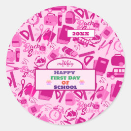 ピンクのカスタマイズ可能な新学期パターン ラウンドシール