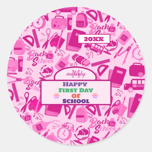 ピンクのカスタマイズ可能な新学期パターン ラウンドシール (正面)