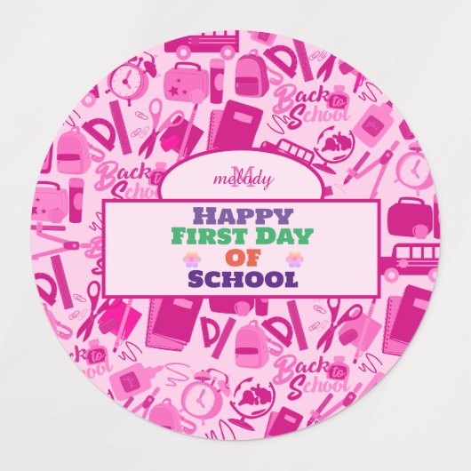 ピンクのカスタマイズ可能な新学期パターン ラベル (デザイン1)