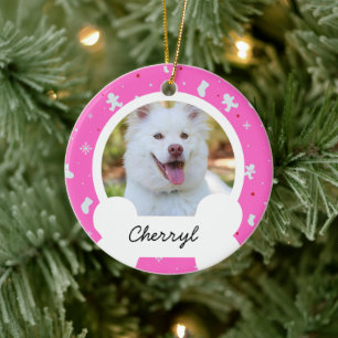 ピンクのカスタムクリスマス犬の写真 セラミックオーナメント
