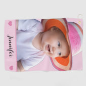 ピンクのカスタムネームと写真のオリジナルグッズ ゴルフタオル (横)