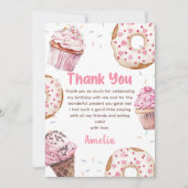ピンクのカップケーキとドーナツの誕生日感謝カード サンキューカード (正面)
