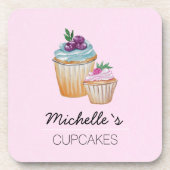 ピンクのカップケーキとフルーツの水色 コースター (正面)