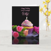 ピンクのカップケーキと妻の誕生日おめでとう カード (黄色い花)