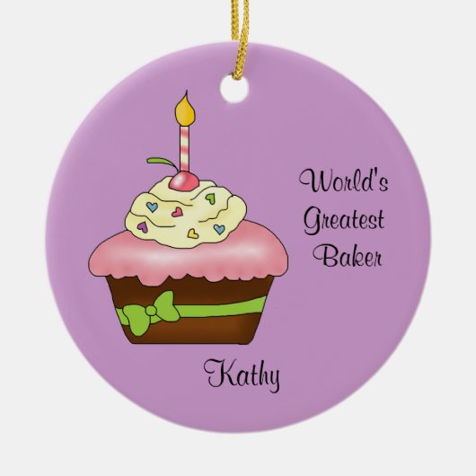 ピンクのカップケーキのクリスマスのオーナメント セラミックオーナメント (正面)