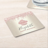 ピンクのカップケーキのグリッターが、モダンでガーリーなゴールドパーティーに滴り落ちる スクエアペーパーコースター (アングル)