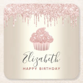 ピンクのカップケーキのグリッターが、モダンでガーリーなゴールドパーティーに滴り落ちる スクエアペーパーコースター (正面)