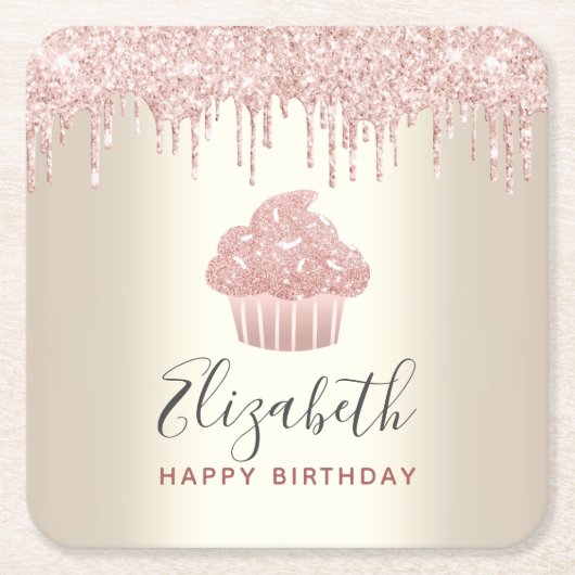 ピンクのカップケーキのグリッターが、モダンでガーリーなゴールドパーティーに滴り落ちる スクエアペーパーコースター (正面)