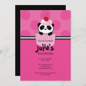 ピンクのカップケーキのパンダの誕生日のパーティの招待状 招待状 (正面/裏面)