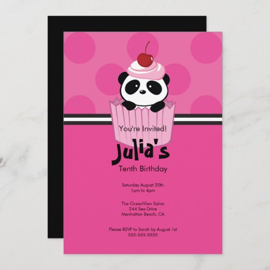 ピンクのカップケーキのパンダの誕生日のパーティの招待状 招待状 (正面/裏面)