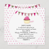 ピンクのカップケーキのベビーの発表 案内状 (正面/裏面)