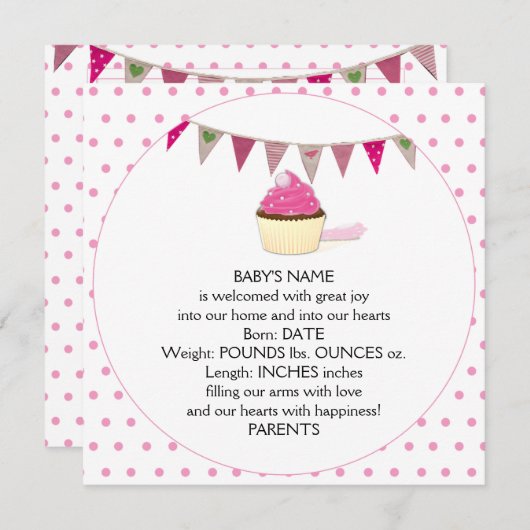 ピンクのカップケーキのベビーの発表 案内状 (正面/裏面)