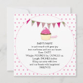 ピンクのカップケーキのベビーの発表 案内状 (正面)