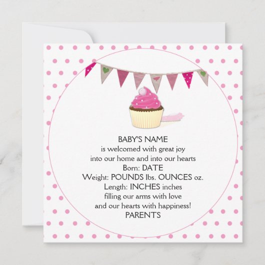ピンクのカップケーキのベビーの発表 案内状 (正面)