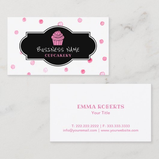 ピンクのカップケーキのベーカリーのかわいい水玉模様 名刺 (正面/裏面)