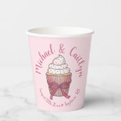 ピンクのカップケーキの弓のスパンコール ウェディング ブライダルシャワー 紙コップ (正面)