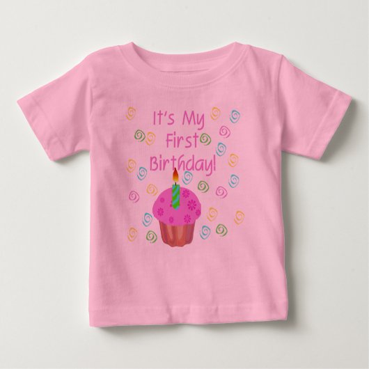 ピンクのカップケーキの第1誕生日 ベビーTシャツ (正面)