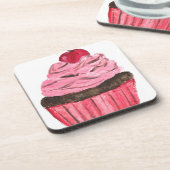 ピンクのカップケーキの絵画水色 コースター (左側)