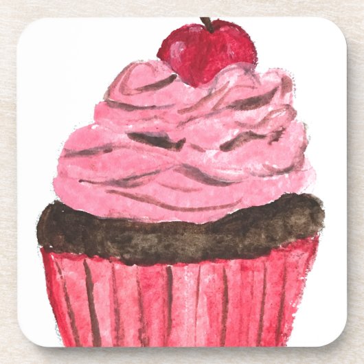 ピンクのカップケーキの絵画水色 コースター (正面)