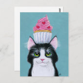 ピンクのカップケーキの葉書が入った可愛い猫 ポストカード (正面/裏面)