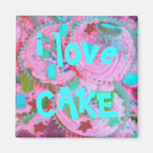 ピンクのカップケーキの「私はケーキ」の冷蔵庫用マグネット愛します マグネット