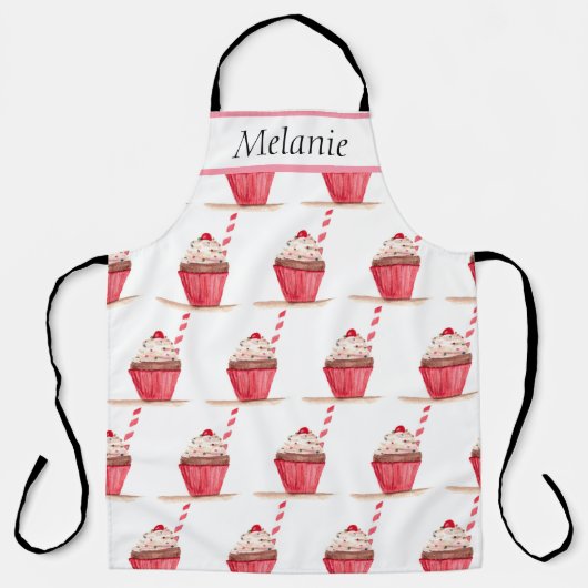 ピンクのカップケーキスイーツ手描きベーキングフードかわいい エプロン (正面)