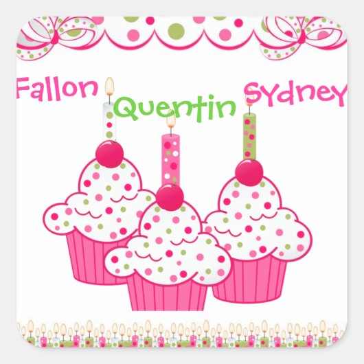 ピンクのカップケーキスティケットトリプレット スクエアシール (正面)