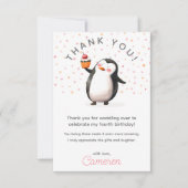 ピンクのカップケーキペンギンお祝いガールズ誕生日 サンキューカード (正面)