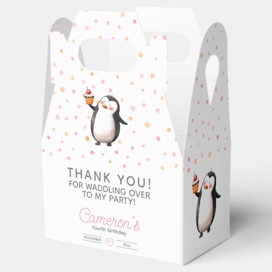 ピンクのカップケーキペンギンお祝いガールズ誕生日 フェイバーボックス (オープン)