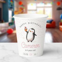 ピンクのカップケーキペンギンお祝いガールズ誕生日 紙コップ