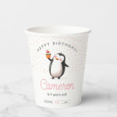 ピンクのカップケーキペンギンお祝いガールズ誕生日 紙コップ (正面)