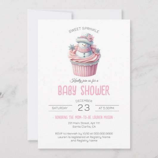 ピンクのカップケーキ甘い振りかける女の子の赤ちゃんシャワー 招待状 (正面)