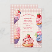 ピンクのカップケーキ誕生日 招待状 (正面/裏面)