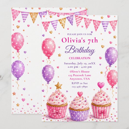 ピンクのカップケーキ 7歳の誕生日パーティー 招待状 (正面/裏面)