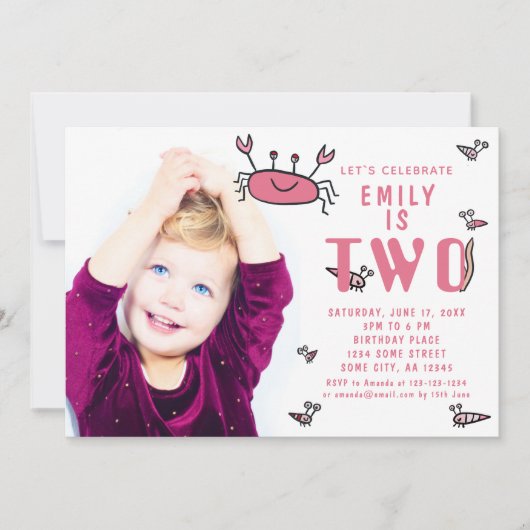 ピンクのカニの海の動物の女の子の写真2番目の誕生日 招待状 (正面)