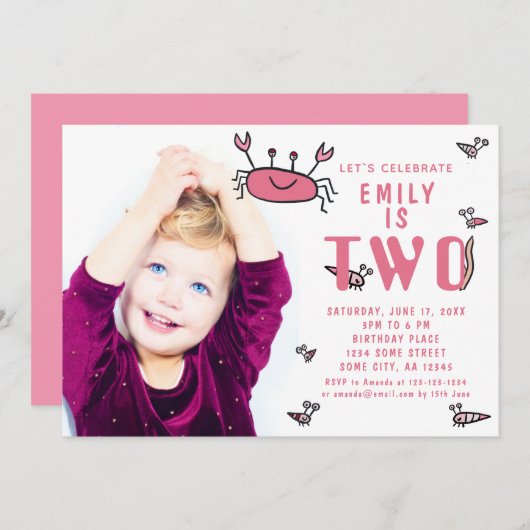 ピンクのカニの海の動物の女の子の写真2番目の誕生日 招待状 (正面/裏面)