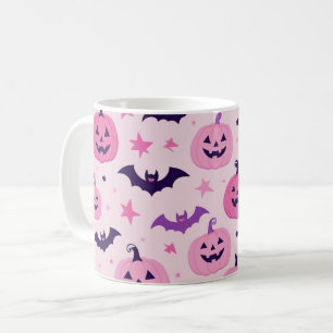 ピンクのカボチャとコウモリのハロウィン コーヒーマグカップ
