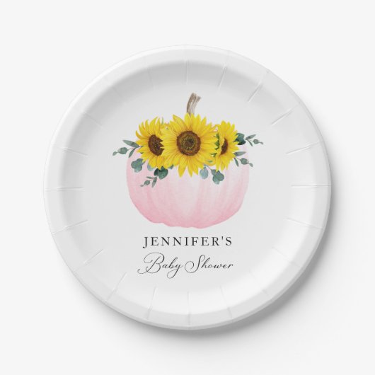 ピンクのカボチャとヒマワリの女の子の赤ちゃんシャワー ペーパープレート (正面)