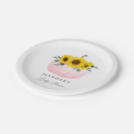 ピンクのカボチャとヒマワリの女の子の赤ちゃんシャワー ペーパープレート (アングル)