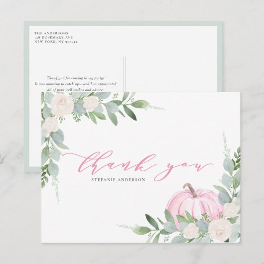 ピンクのカボチャと緑の秋ありがとう ポストカード (正面/裏面)