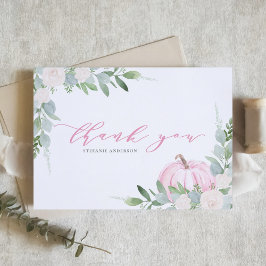 ピンクのカボチャと緑の秋の赤ちゃんシャワー サンキューカード