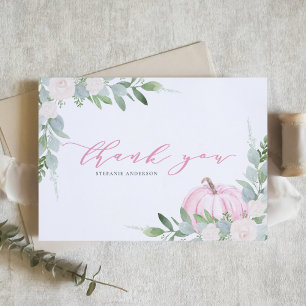 ピンクのカボチャと緑の秋の赤ちゃんシャワー サンキューカード