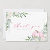 ピンクのカボチャと緑の秋の赤ちゃんシャワー サンキューカード (正面)