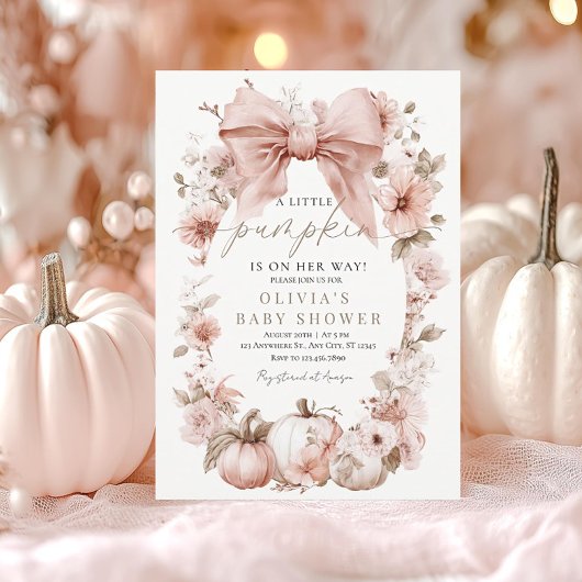 ピンクのカボチャと花のリボンのベビーシャワー 招待状