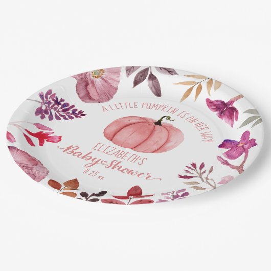 ピンクのカボチャと花ガール女の子ベイビーシャワー ペーパープレート (アングル)