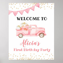 ピンクのカボチャのトラック歓迎サイン ポスター